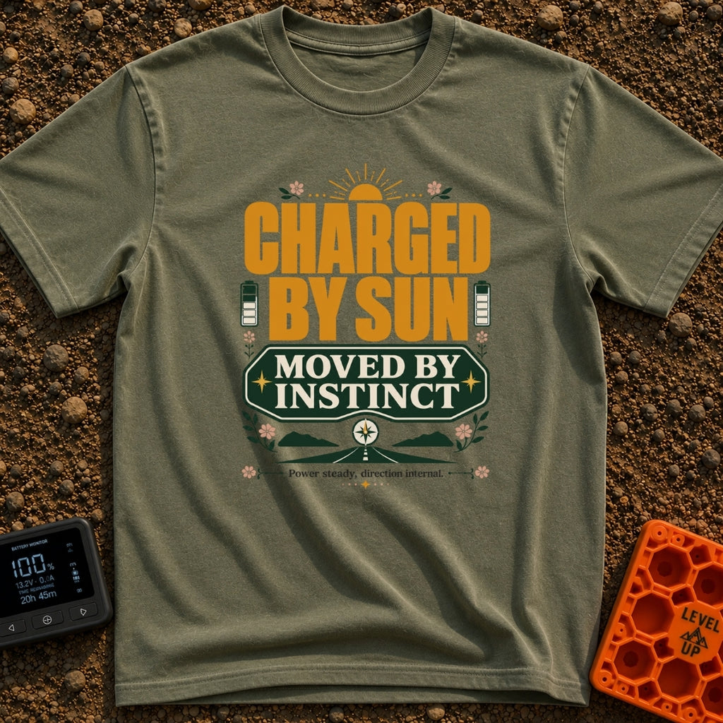 Charged By Solar Instinct - T-Shirt in Moss - A vintage-style typographic design reading "CHARGED BY SUN" above "MOVED BY...