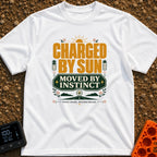 Charged By Solar Instinct - T-Shirt in White - A vintage-style typographic design reading "CHARGED BY SUN" above "MOVED...