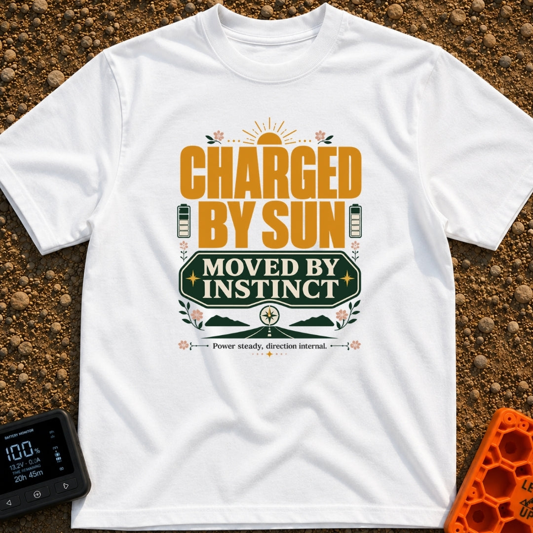 Charged By Solar Instinct - T-Shirt in White - A vintage-style typographic design reading "CHARGED BY SUN" above "MOVED...