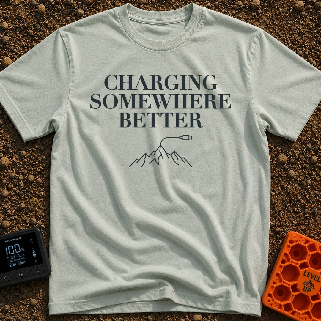 Charging Somewhere Better - T-Shirt in Bay - Text reading "CHARGING SOMEWHERE BETTER" stacked above a minimalist line...