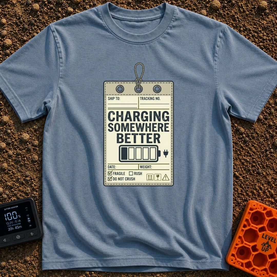 Powered by Wanderlust - T-Shirt in Blue Jean - A graphic designed to look like a vintage shipping tag with a string loop...