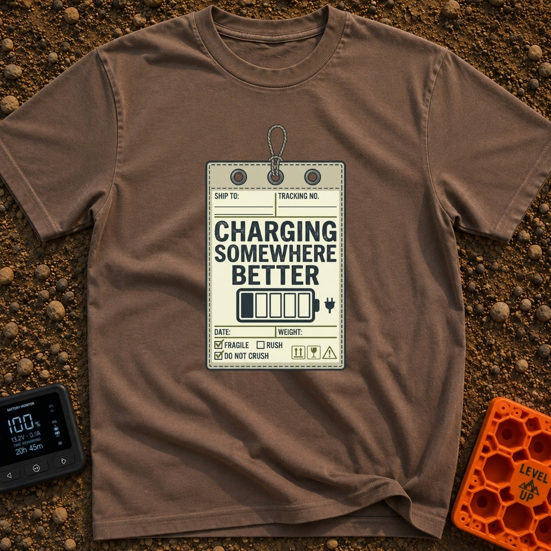 Powered by Wanderlust - T-Shirt in Espresso - A graphic designed to look like a vintage shipping tag with a string loop...