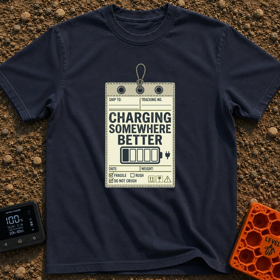 Powered by Wanderlust - T-Shirt in Navy - A graphic designed to look like a vintage shipping tag with a string loop at...