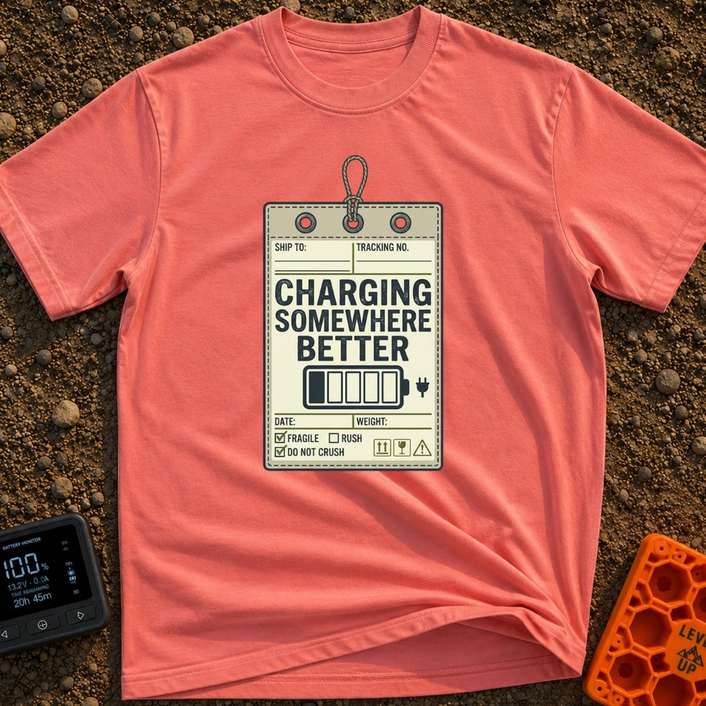 Powered by Wanderlust - T-Shirt in Watermelon - A graphic designed to look like a vintage shipping tag with a string loop...