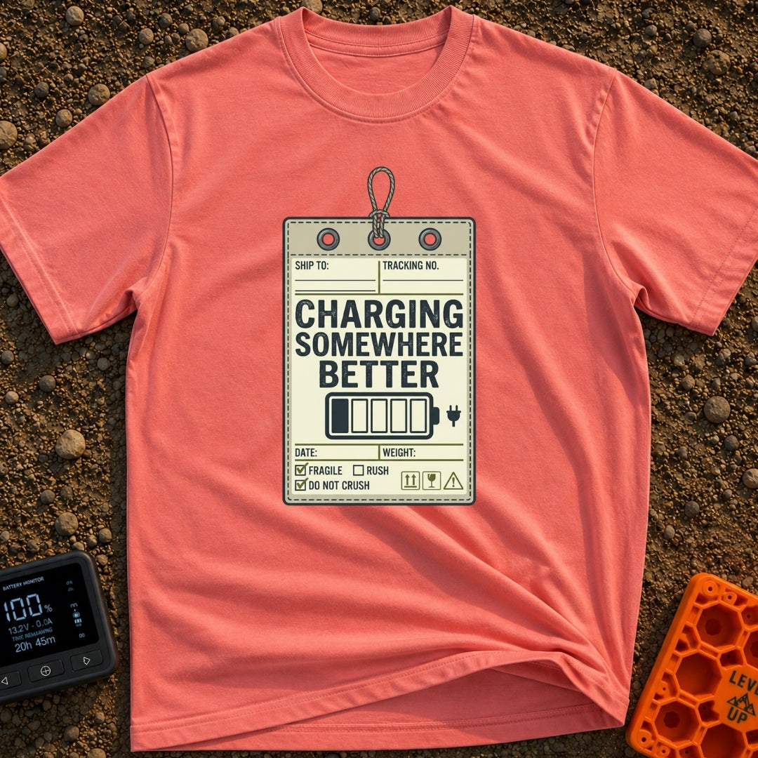 Powered by Wanderlust - T-Shirt in Watermelon - A graphic designed to look like a vintage shipping tag with a string loop...