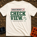 Engine Light, Right? - T-Shirt in Ivory - A typographic design featuring the text "CHECK ENGINE? CHECK VIEW. PRIORITIES...