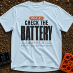 Battery Before Coffee - T-Shirt in Chambray - Typographic design featuring bold text reading "RULE #1: CHECK THE BATTERY"...