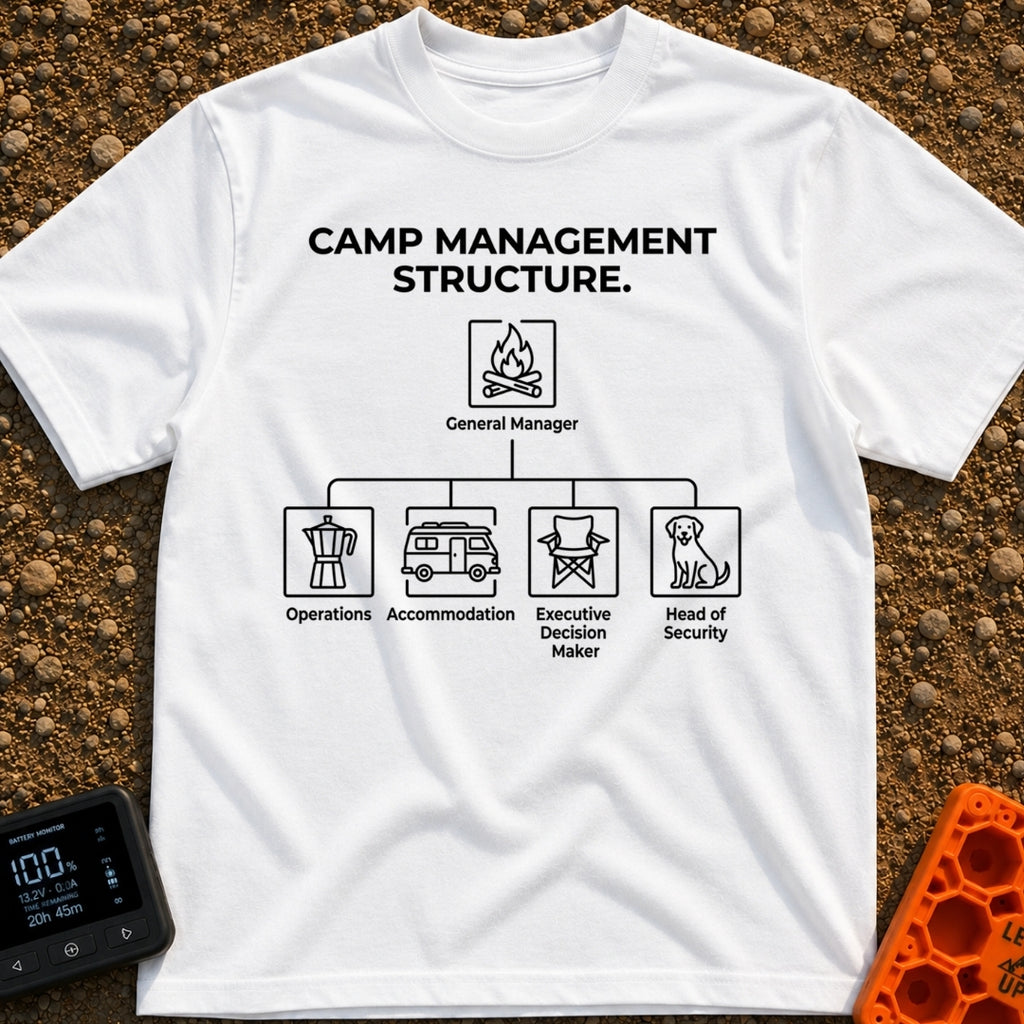Chief Executive Camper - T-Shirt in White - A line-art flowchart titled 'CAMP MANAGEMENT STRUCTURE.' showing a campfire...