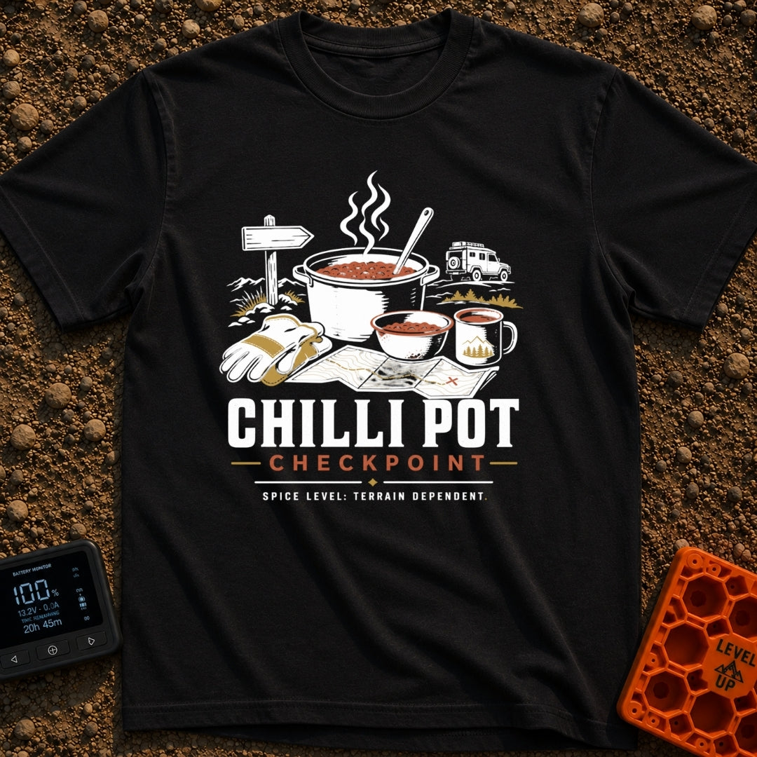 Chili Map Adventure - T-Shirt in Black - An illustration featuring a steaming pot and bowl of chili alongside a mug,...