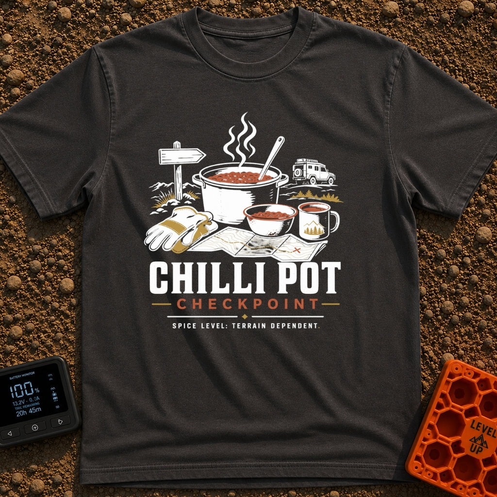 Chili Map Adventure - T-Shirt in Graphite - An illustration featuring a steaming pot and bowl of chili alongside a mug,...