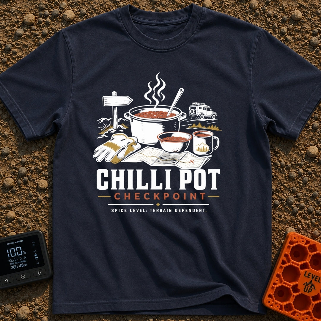Chili Map Adventure - T-Shirt in Navy - An illustration featuring a steaming pot and bowl of chili alongside a mug, thick...