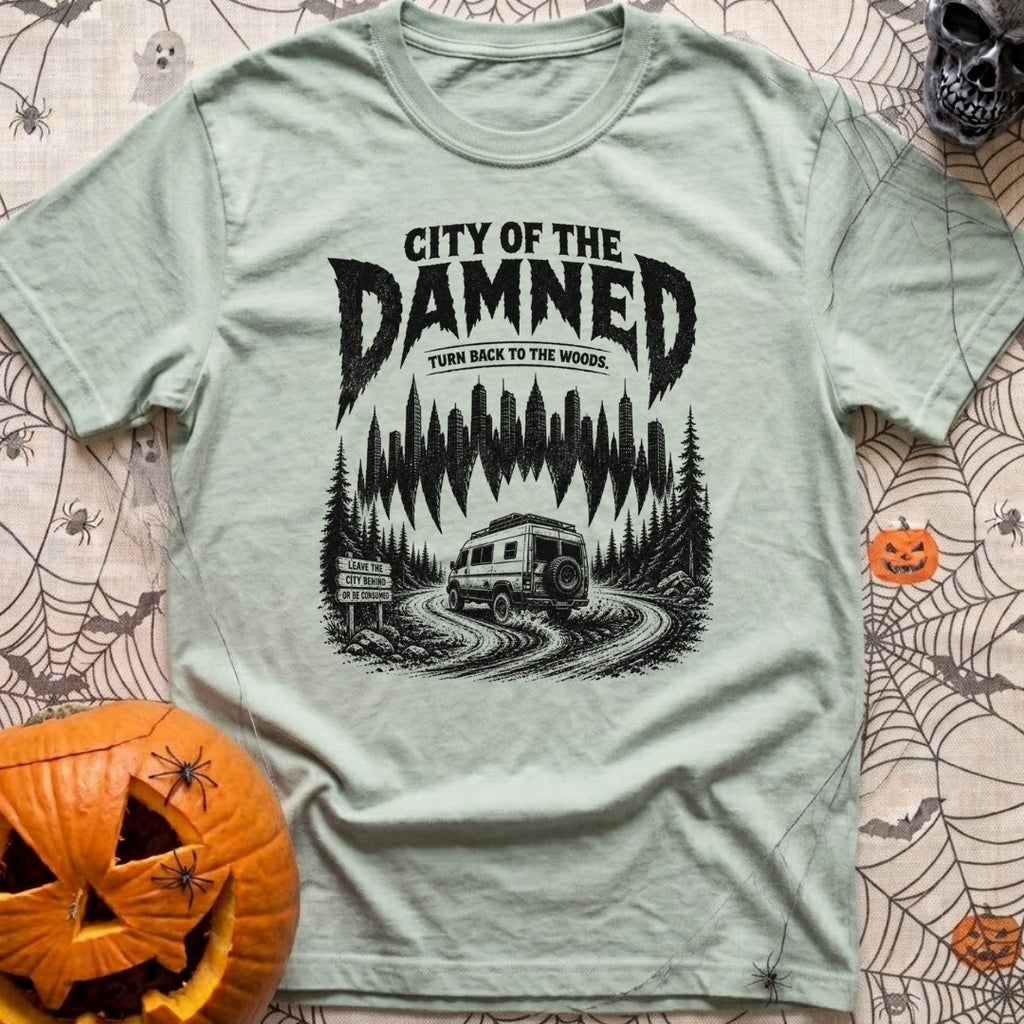 City Of The Jammed - T-Shirt in Bay - A black-and-white illustration of a rugged camper van driving on a dirt road into a...