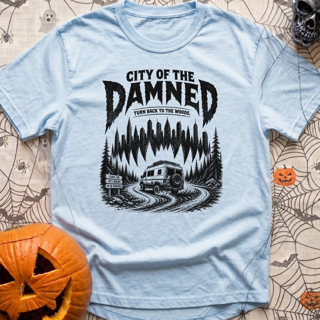 City Of The Jammed - T-Shirt in Chambray - A black-and-white illustration of a rugged camper van driving on a dirt road...
