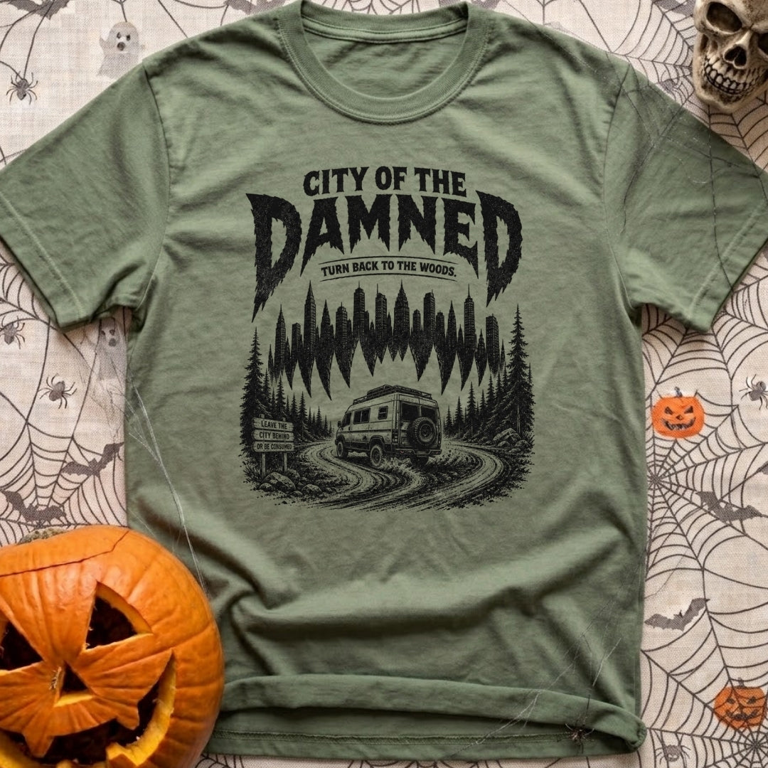 City Of The Jammed - T-Shirt in Moss - A black-and-white illustration of a rugged camper van driving on a dirt road into...