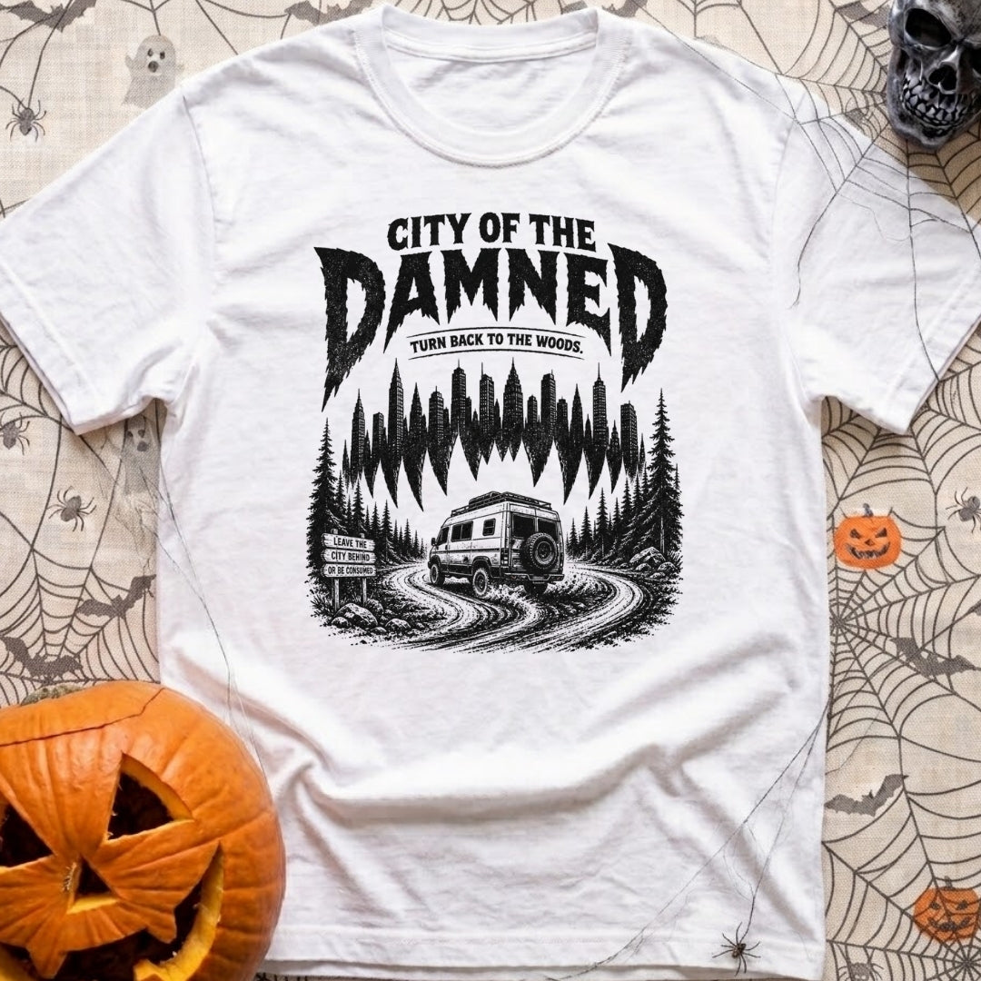 City Of The Jammed - T-Shirt in White - A black-and-white illustration of a rugged camper van driving on a dirt road into...