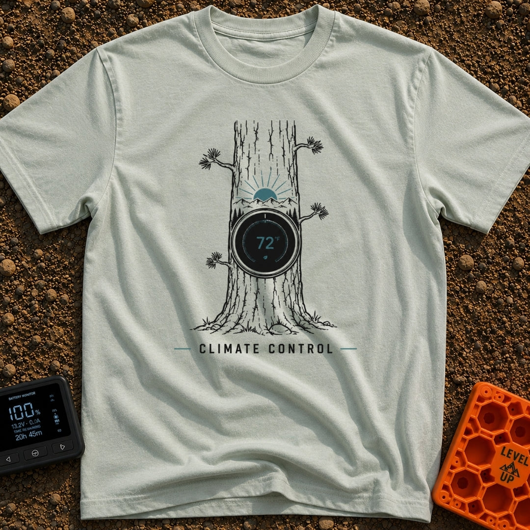 Climate Control - T-Shirt in Bay - A line drawing of a tree trunk with a circular smart thermostat embedded in the bark...