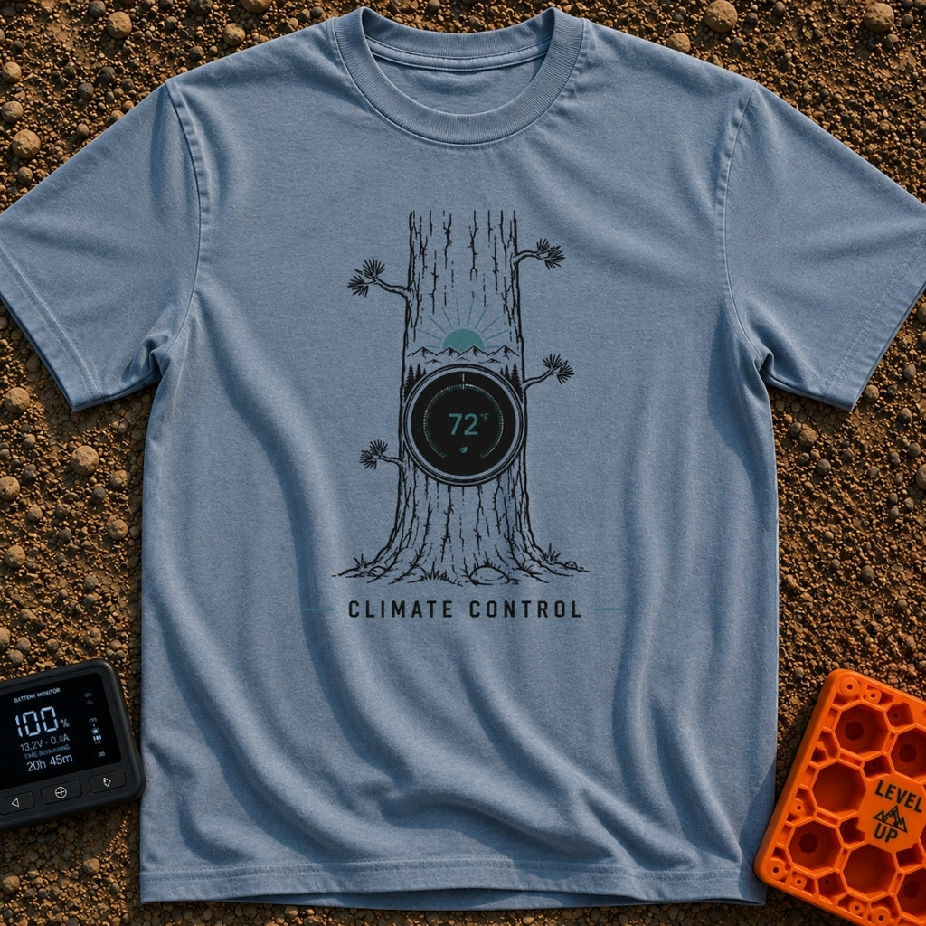 Climate Control - T-Shirt in Blue Jean - A line drawing of a tree trunk with a circular smart thermostat embedded in the...