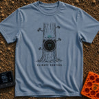 Climate Control - T-Shirt in Blue Jean - A line drawing of a tree trunk with a circular smart thermostat embedded in the...