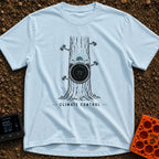 Climate Control - T-Shirt in Chambray - A line drawing of a tree trunk with a circular smart thermostat embedded in the...