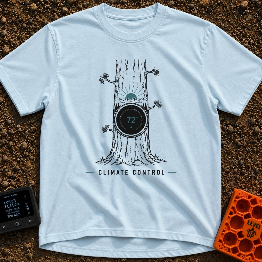 Climate Control - T-Shirt in Chambray - A line drawing of a tree trunk with a circular smart thermostat embedded in the...