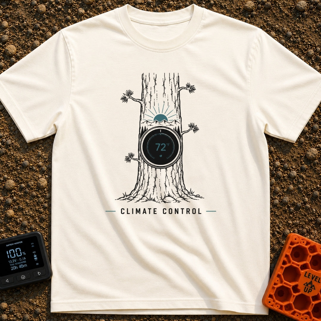 Climate Control - T-Shirt in Ivory - A line drawing of a tree trunk with a circular smart thermostat embedded in the bark...