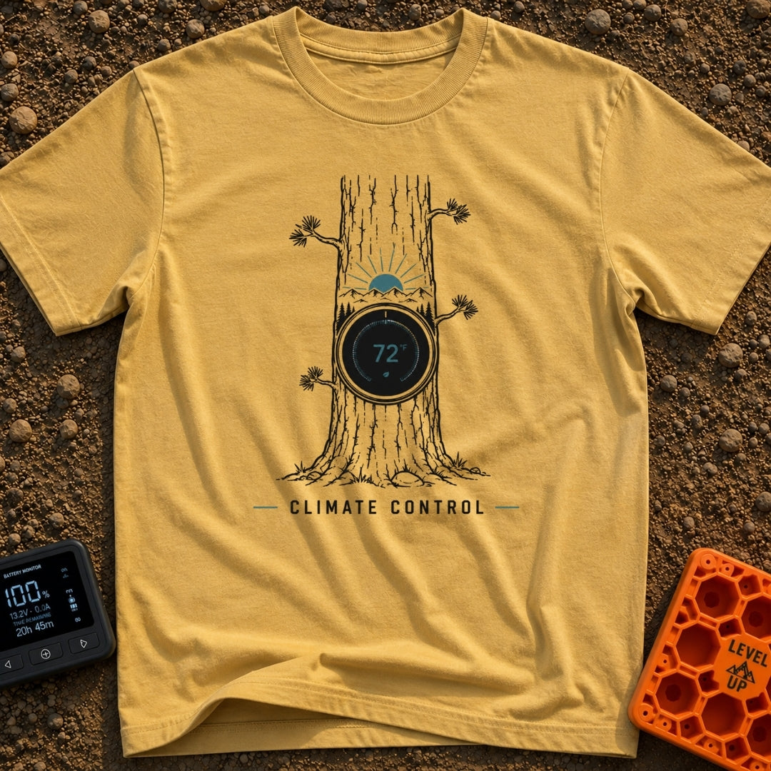 Climate Control - T-Shirt in Mustard - A line drawing of a tree trunk with a circular smart thermostat embedded in the...