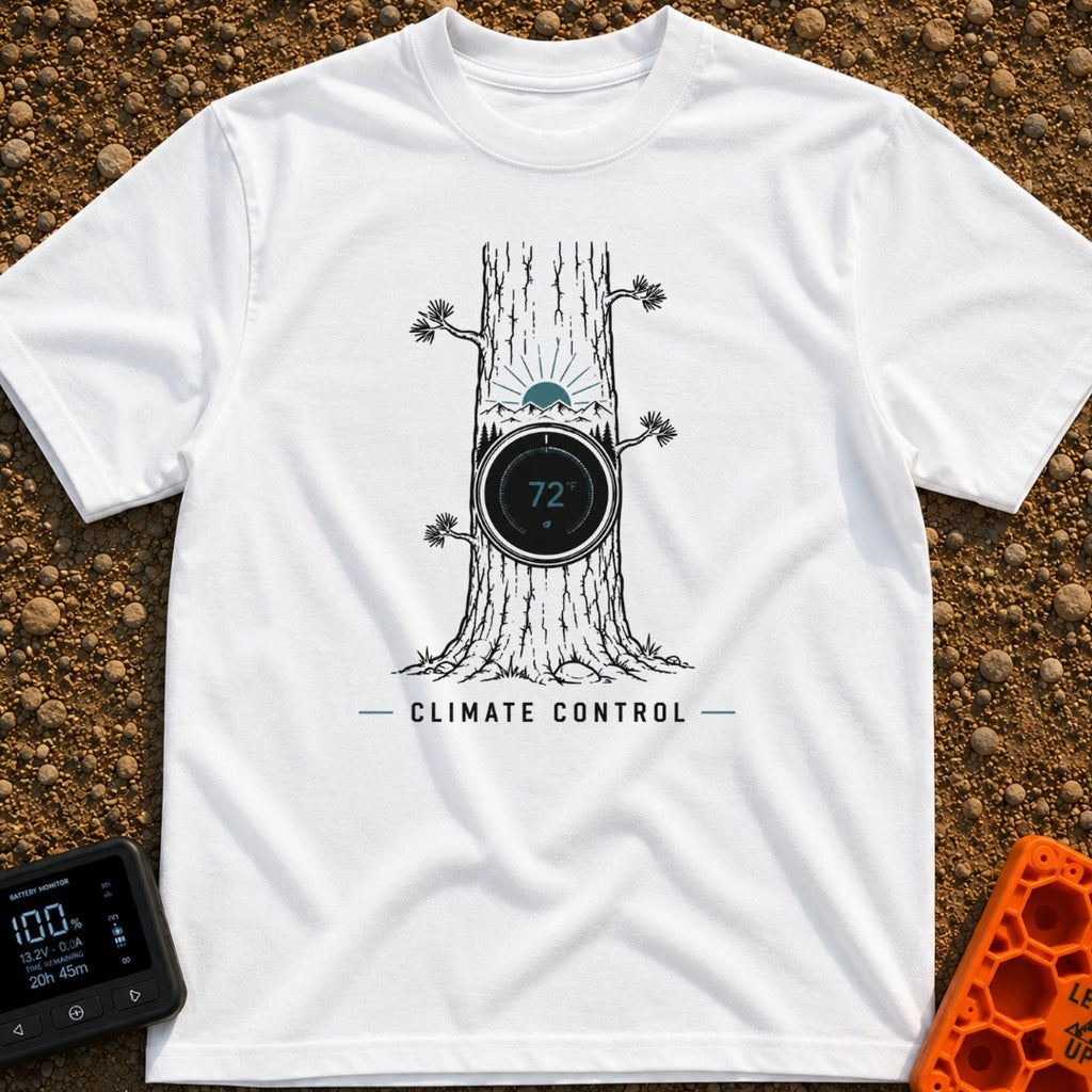Climate Control - T-Shirt in White - A line drawing of a tree trunk with a circular smart thermostat embedded in the bark...