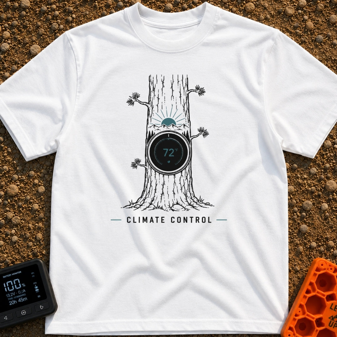 Climate Control - T-Shirt in White - A line drawing of a tree trunk with a circular smart thermostat embedded in the bark...