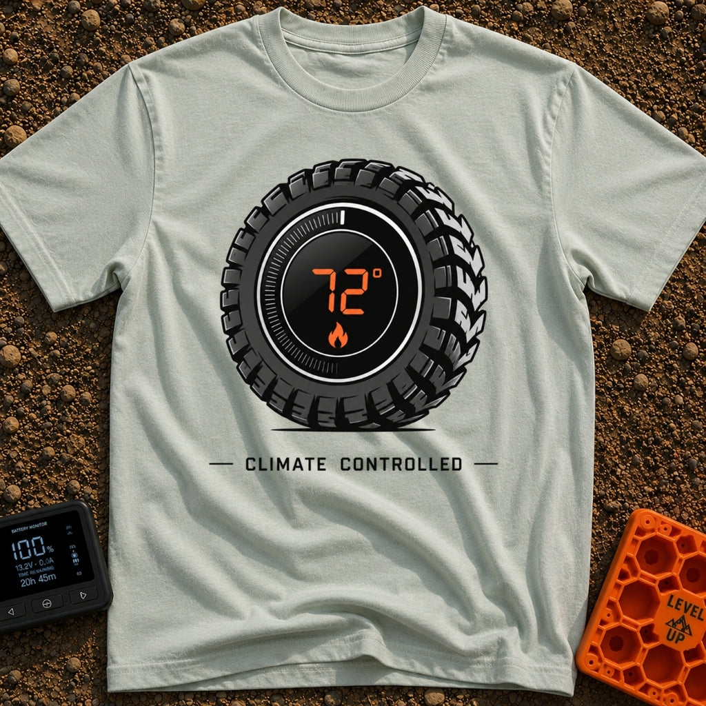 Keep It Seventy Two - T-Shirt in Bay - A graphic of a rugged off-road tire featuring a digital round thermostat display...
