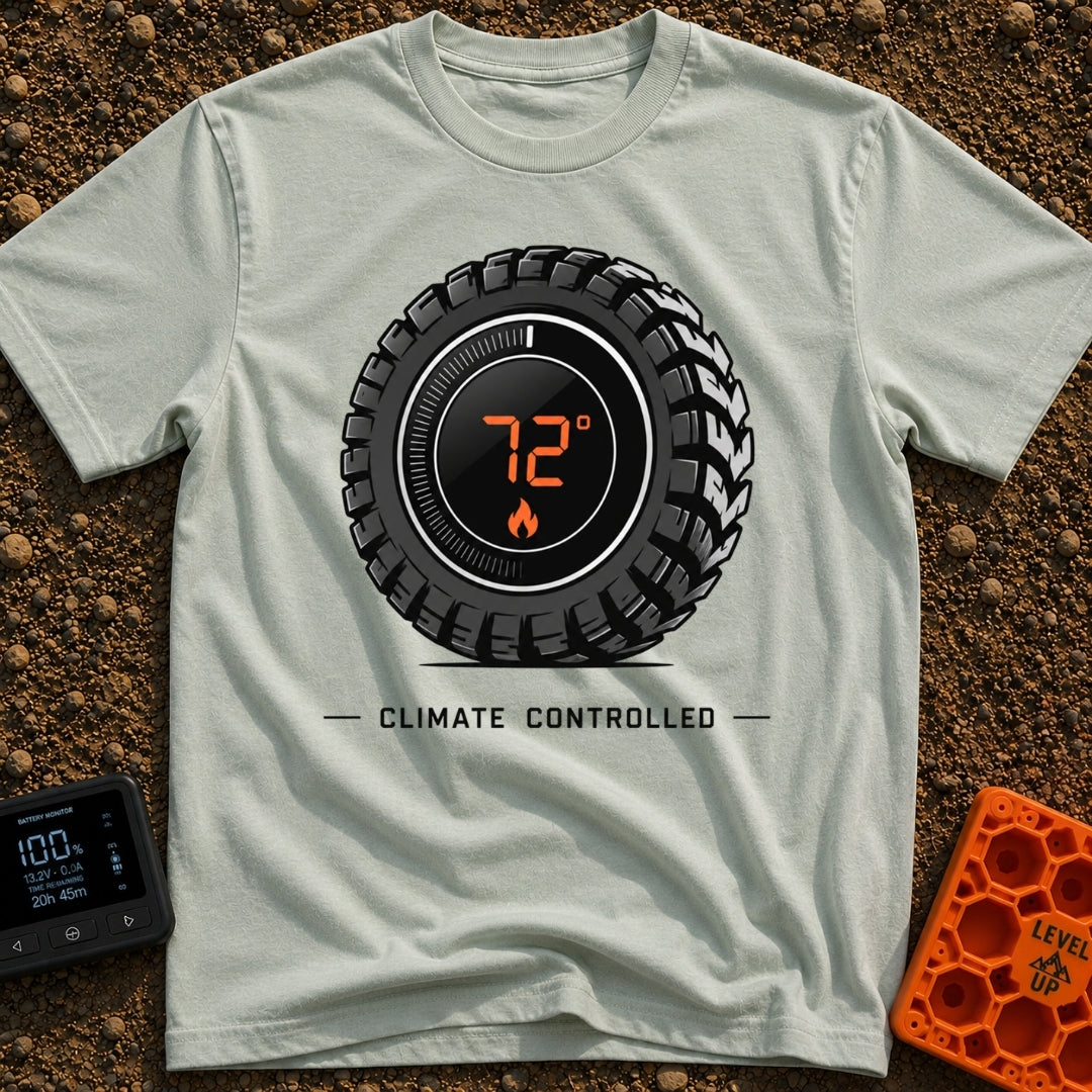Keep It Seventy Two - T-Shirt in Bay - A graphic of a rugged off-road tire featuring a digital round thermostat display...