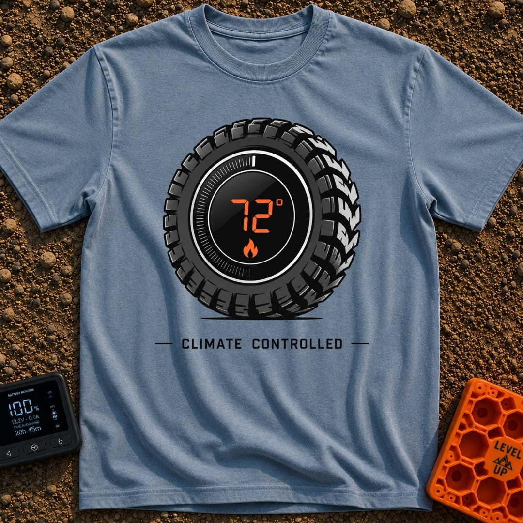 Keep It Seventy Two - T-Shirt in Blue Jean - A graphic of a rugged off-road tire featuring a digital round thermostat...
