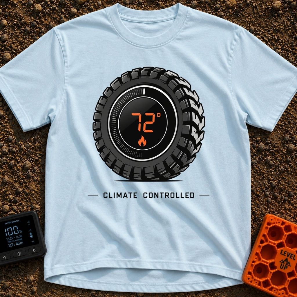 Keep It Seventy Two - T-Shirt in Chambray - A graphic of a rugged off-road tire featuring a digital round thermostat...