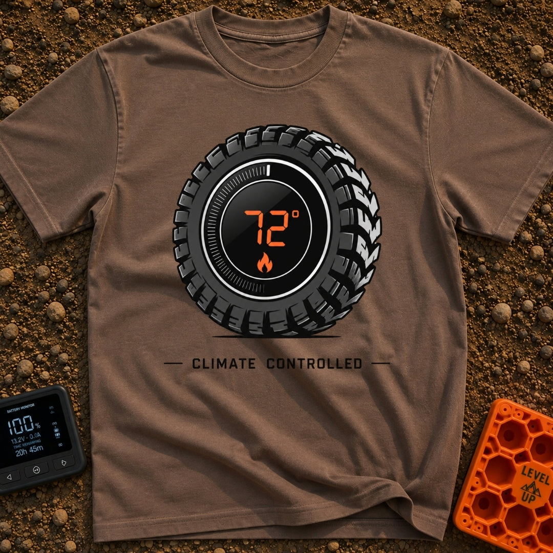Keep It Seventy Two - T-Shirt in Espresso - A graphic of a rugged off-road tire featuring a digital round thermostat...