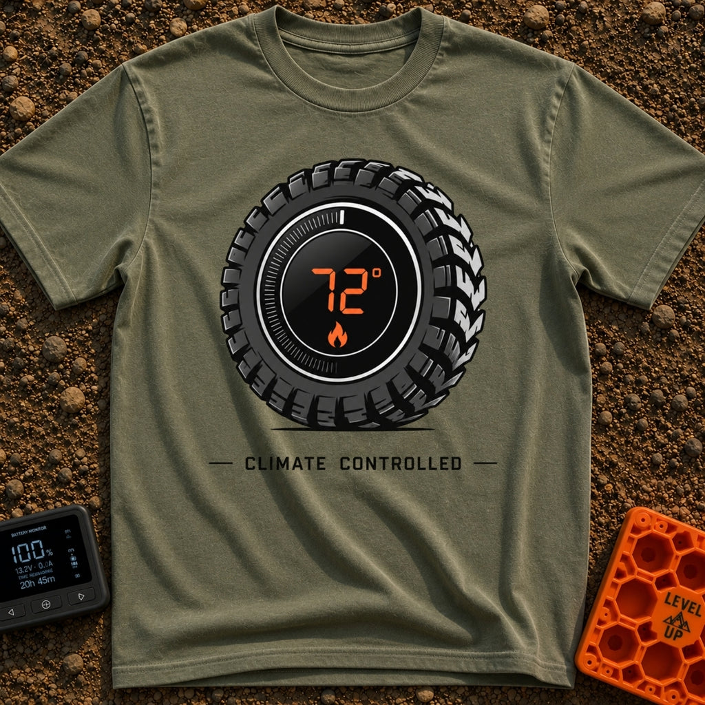 Keep It Seventy Two - T-Shirt in Moss - A graphic of a rugged off-road tire featuring a digital round thermostat display...