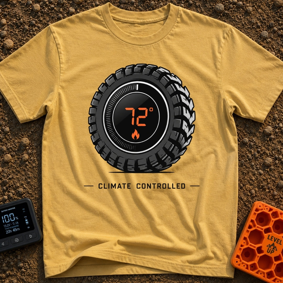 Keep It Seventy Two - T-Shirt in Mustard - A graphic of a rugged off-road tire featuring a digital round thermostat...