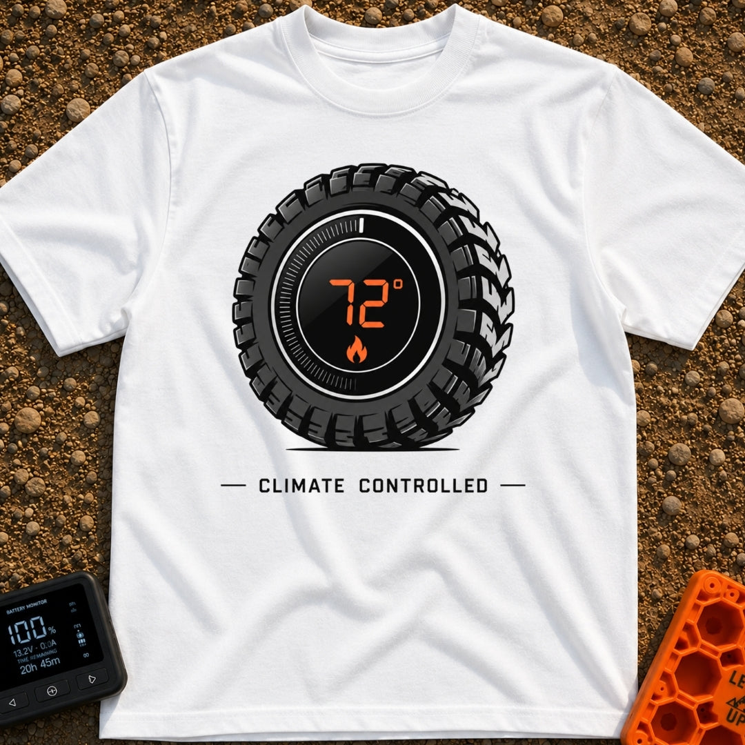 Keep It Seventy Two - T-Shirt in White - A graphic of a rugged off-road tire featuring a digital round thermostat display...