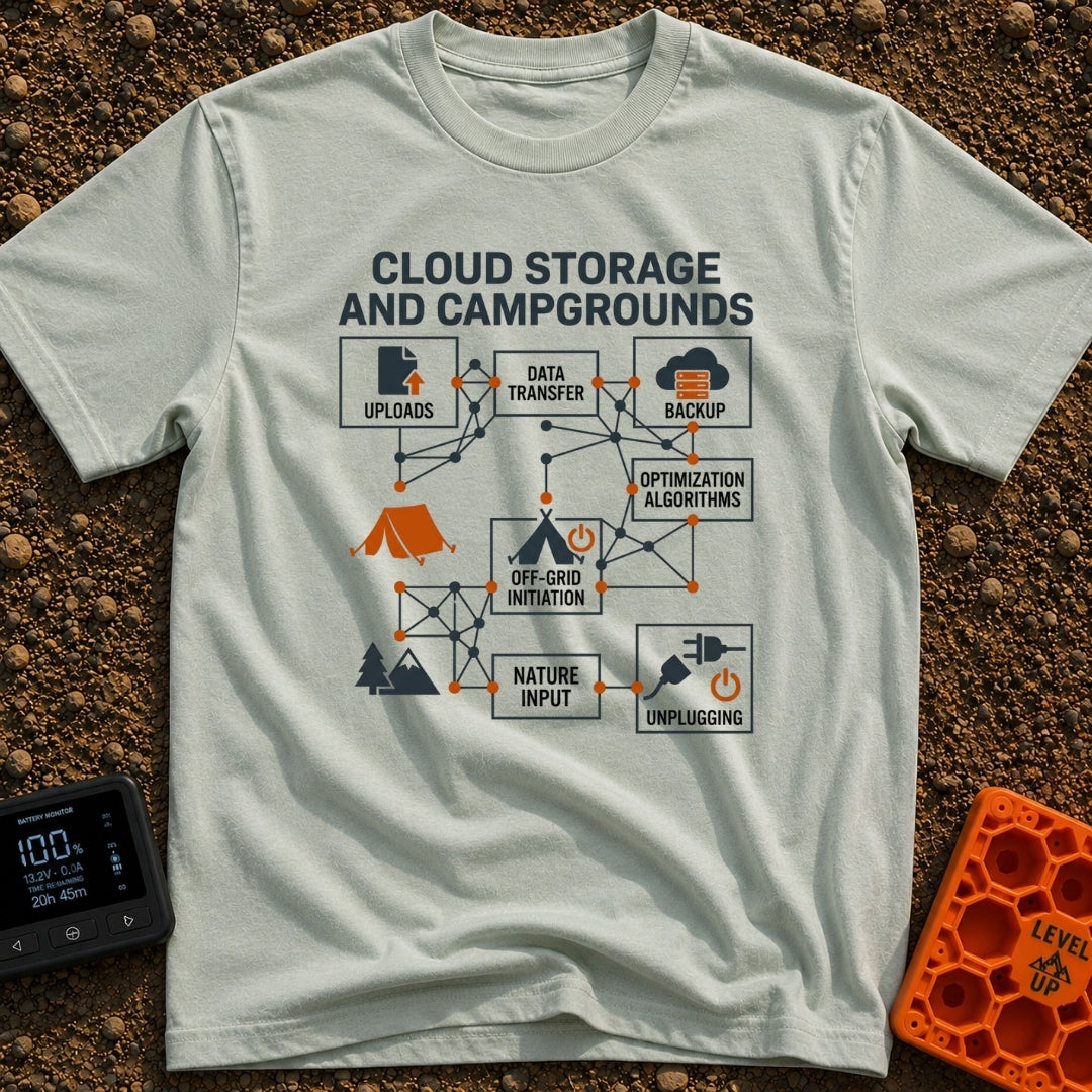 Real Cloud Storage - T-Shirt in Bay - A flowchart diagram titled "CLOUD STORAGE AND CAMPGROUNDS" featuring text boxes for...