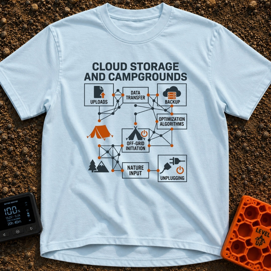 Real Cloud Storage - T-Shirt in Chambray - A flowchart diagram titled "CLOUD STORAGE AND CAMPGROUNDS" featuring text...