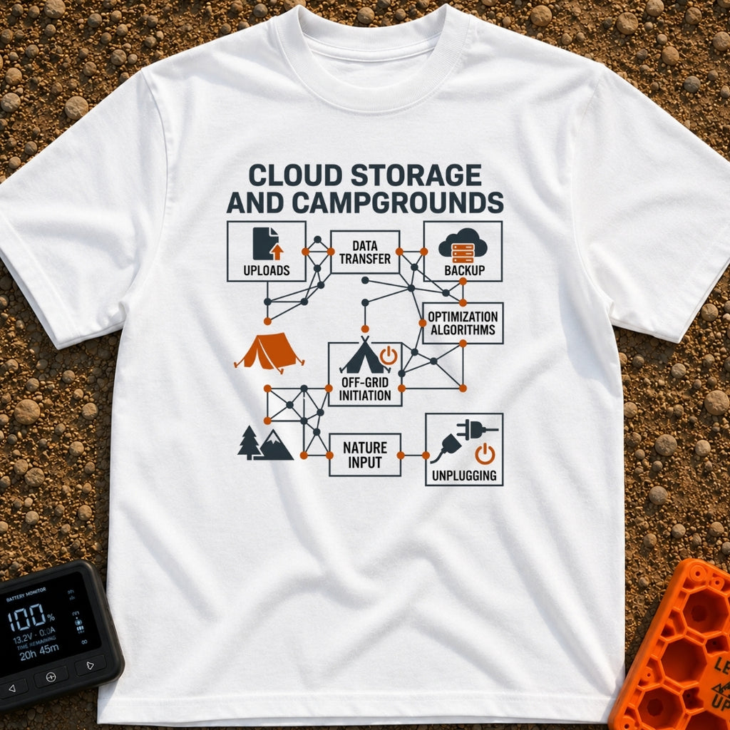 Real Cloud Storage - T-Shirt in White - A flowchart diagram titled "CLOUD STORAGE AND CAMPGROUNDS" featuring text boxes...
