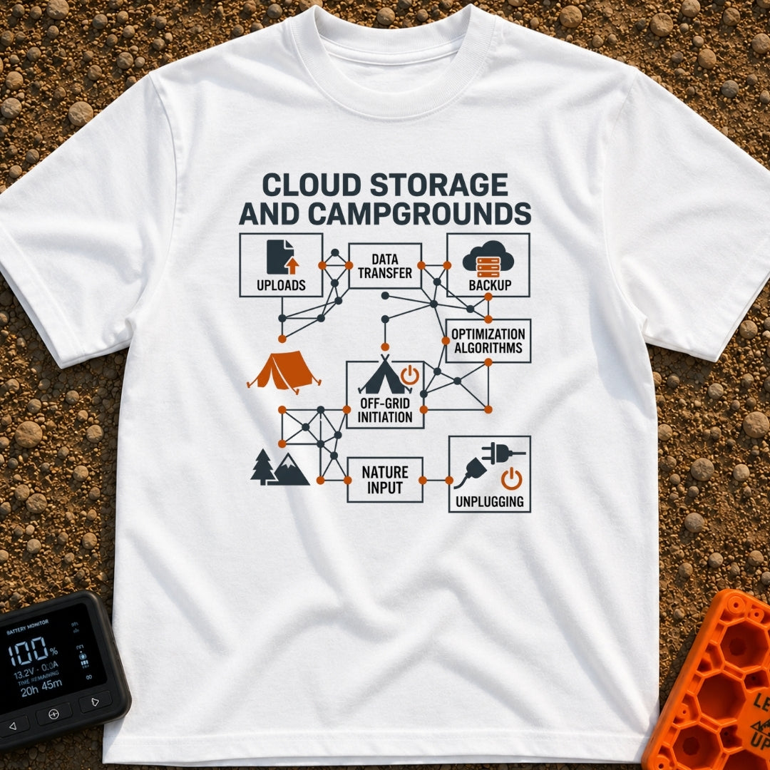 Real Cloud Storage - T-Shirt in White - A flowchart diagram titled "CLOUD STORAGE AND CAMPGROUNDS" featuring text boxes...