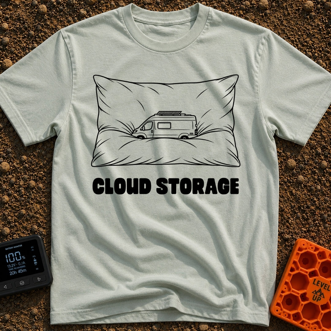 Offline Cloud Storage - T-Shirt in Bay - A black and white line drawing of a camper van with a solar panel on its roof...