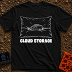 Offline Cloud Storage - T-Shirt in Black - A black and white line drawing of a camper van with a solar panel on its roof...