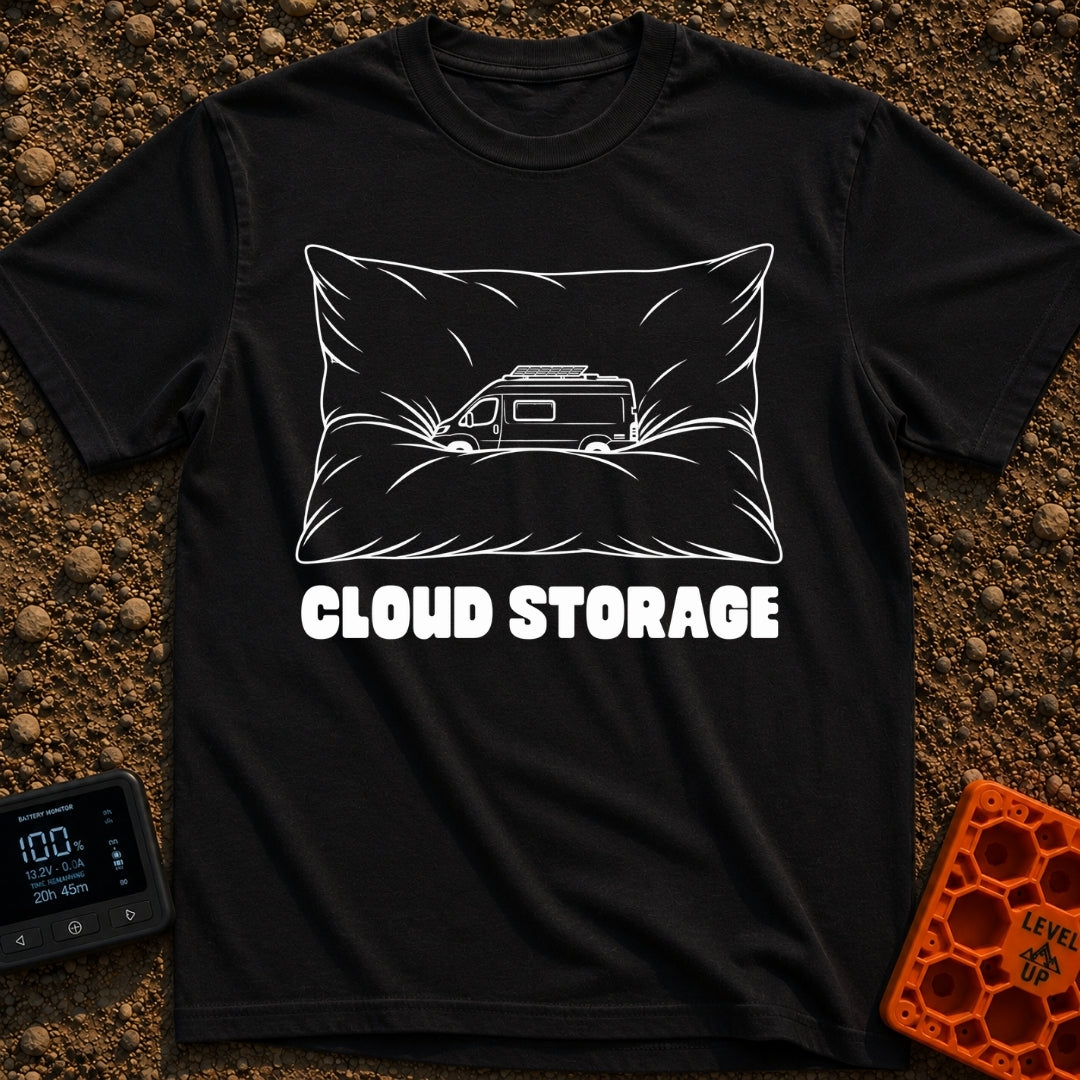 Offline Cloud Storage - T-Shirt in Black - A black and white line drawing of a camper van with a solar panel on its roof...
