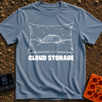 Offline Cloud Storage - T-Shirt in Blue Jean - A black and white line drawing of a camper van with a solar panel on its...