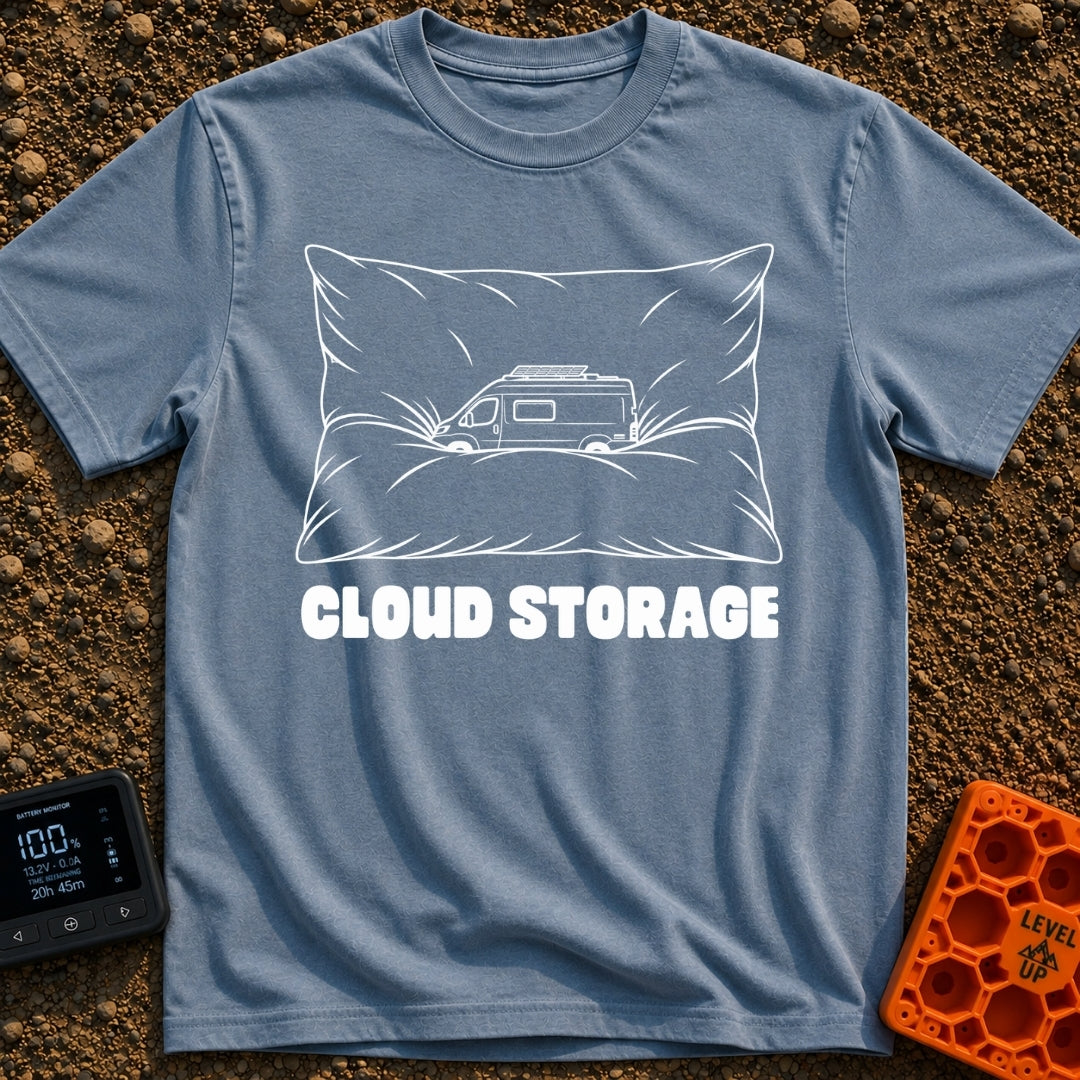 Offline Cloud Storage - T-Shirt in Blue Jean - A black and white line drawing of a camper van with a solar panel on its...
