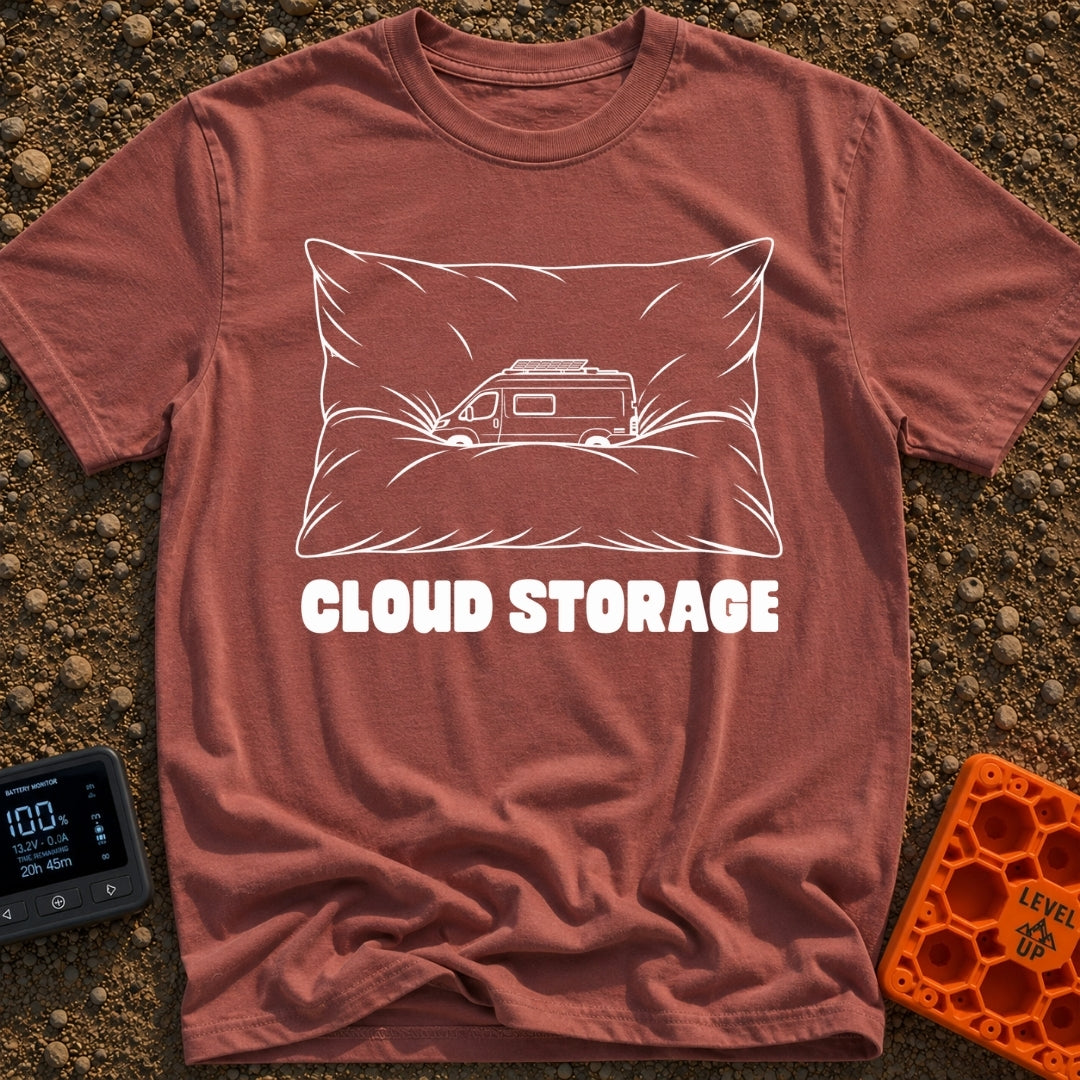 Offline Cloud Storage - T-Shirt in Brick - A black and white line drawing of a camper van with a solar panel on its roof...