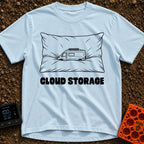 Offline Cloud Storage - T-Shirt in Chambray - A black and white line drawing of a camper van with a solar panel on its...