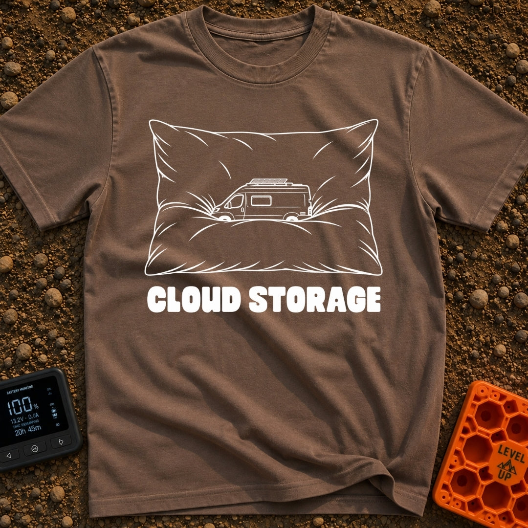 Offline Cloud Storage - T-Shirt in Espresso - A black and white line drawing of a camper van with a solar panel on its...