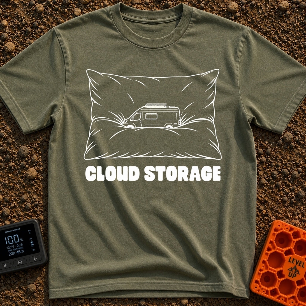 Offline Cloud Storage - T-Shirt in Moss - A black and white line drawing of a camper van with a solar panel on its roof...