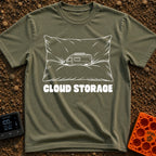 Offline Cloud Storage - T-Shirt in Moss - A black and white line drawing of a camper van with a solar panel on its roof...